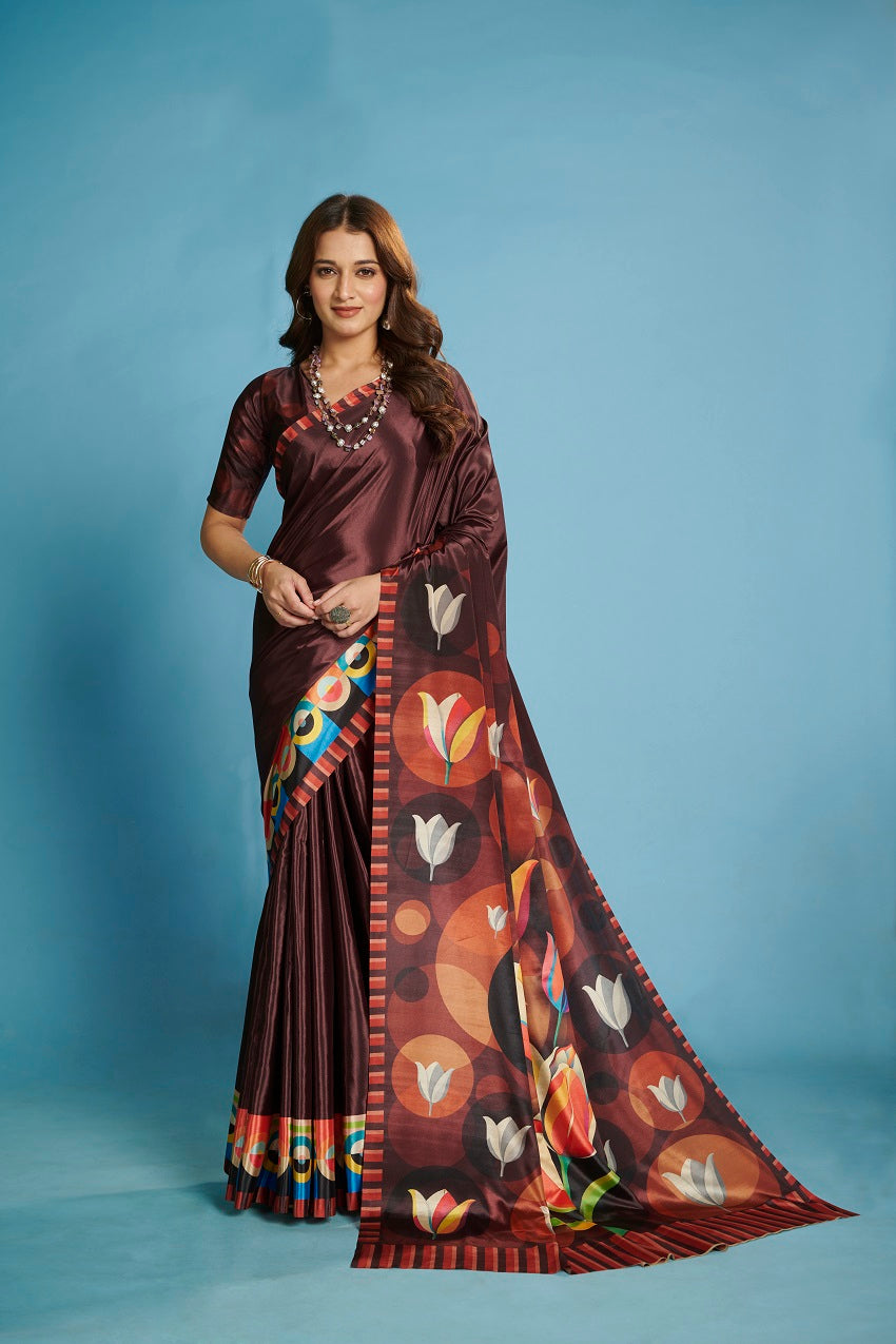 RTWKRYSTAL 1101 - Premium Digital Print Rtw Saree, Stitched Blouse With Scarf Crepe Silk Saree (Brown) - View 1