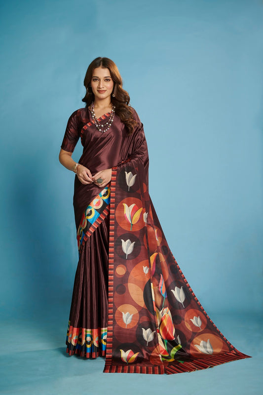 RTWKRYSTAL 1101 - Premium Digital Print Rtw Saree, Stitched Blouse With Scarf Crepe Silk Saree (Brown) - View 1