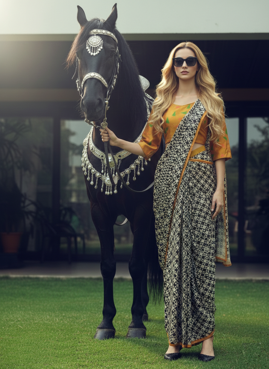3ISO-08 - Rtw Saree, Stitched Blouse With Scarf (Beige) - View 4