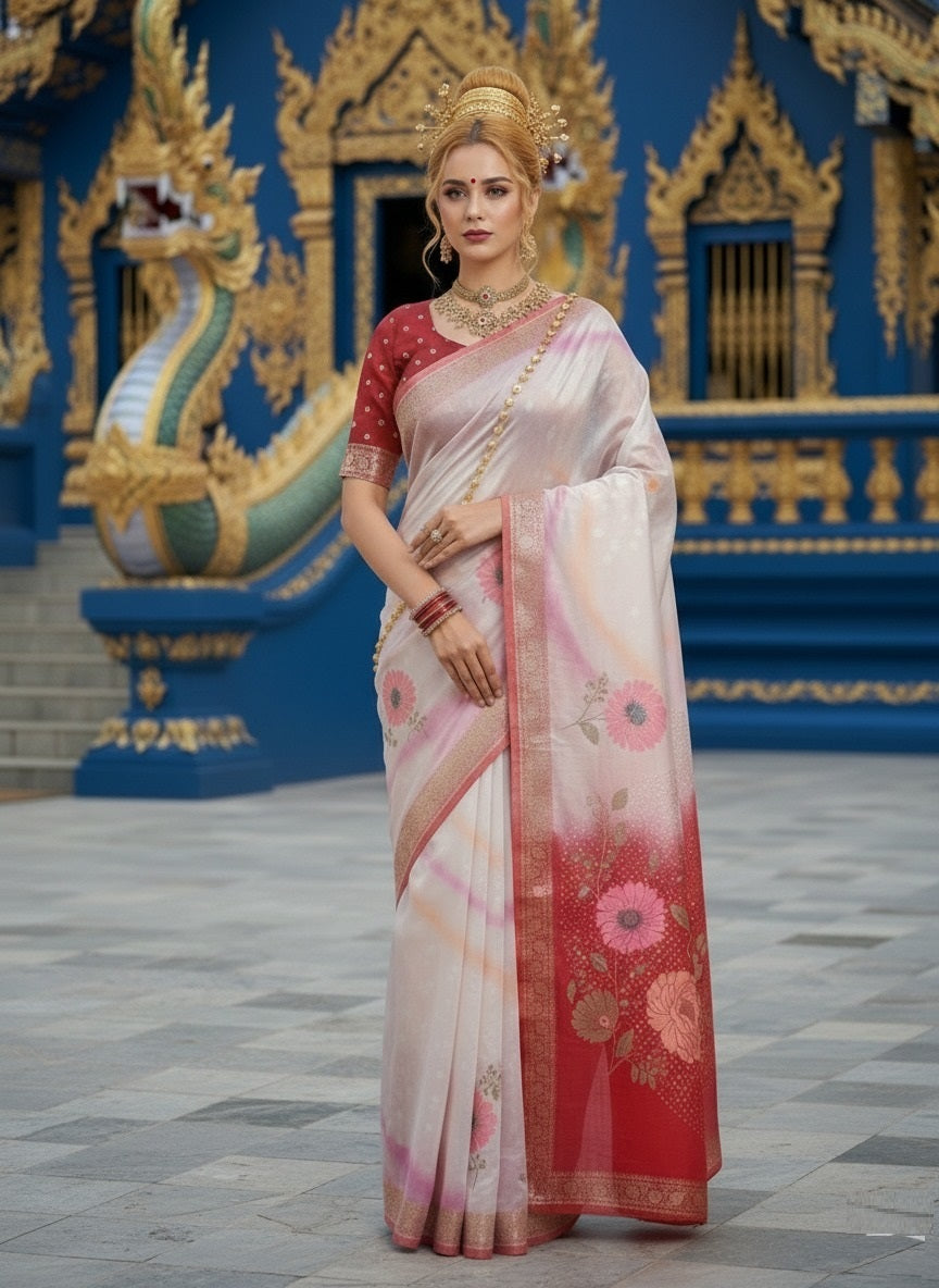 ETHNIC HISO-2 - Ready To Wear Jacquard Silk Saree And Ready To Wear Blouse With Cup (Red) - View 1
