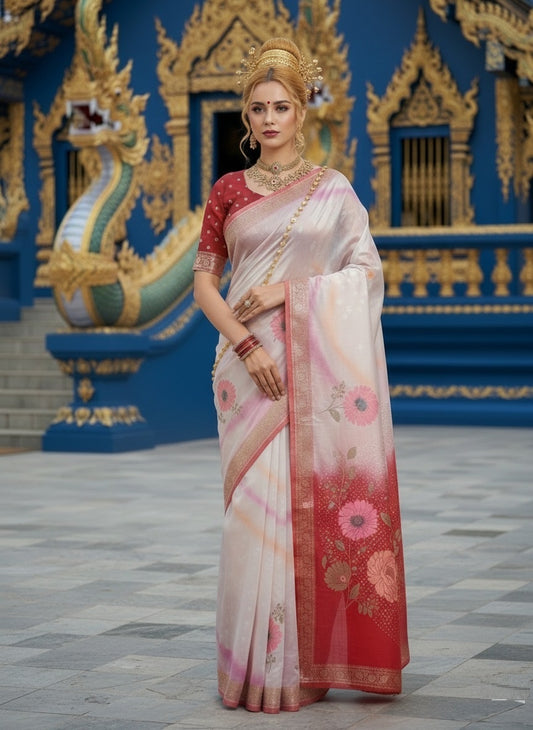 ETHNIC HISO-2 - Ready To Wear Jacquard Silk Saree And Ready To Wear Blouse With Cup (Red) - View 1