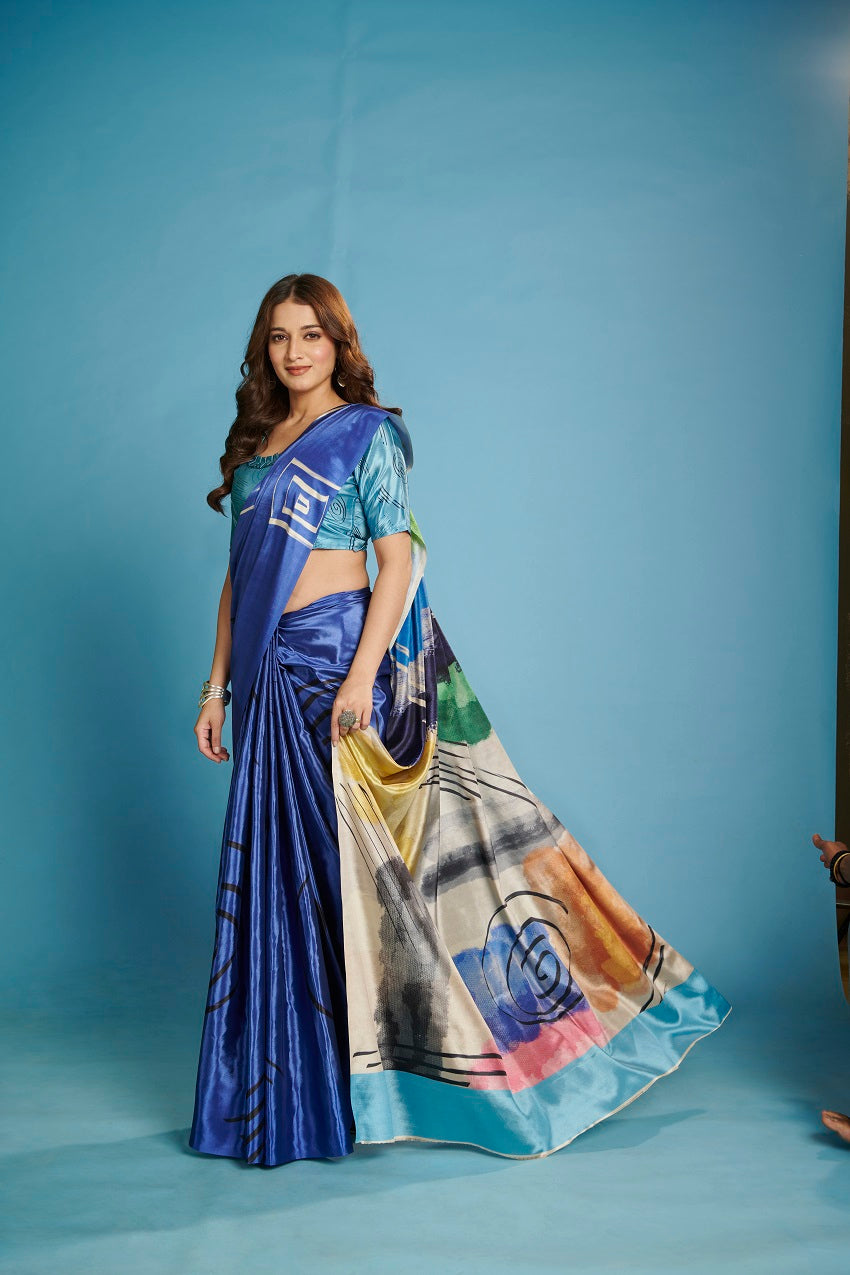RTWKRYSTAL 1109 - Premium Digital Print Rtw Saree, Stitched Blouse With Scarf Crepe Silk Saree (Blue) - View 3