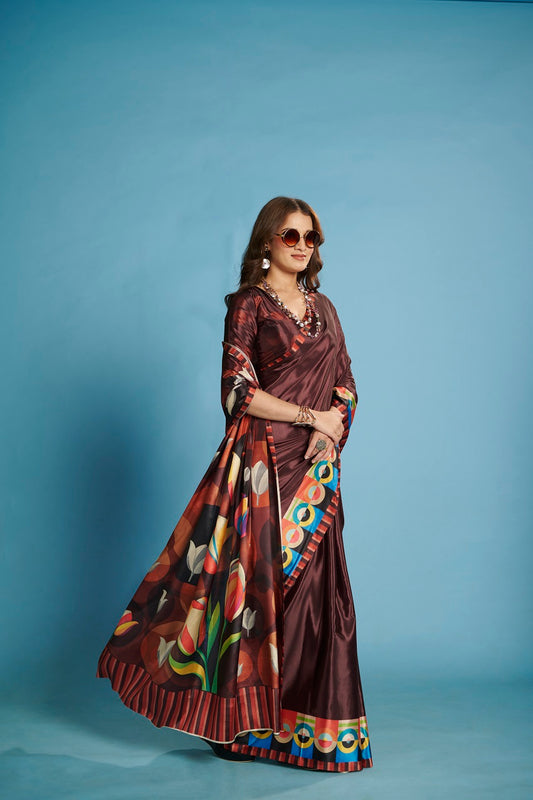 RTWKRYSTAL 1101 - Premium Digital Print Rtw Saree, Stitched Blouse With Scarf Crepe Silk Saree (Brown) - View 2