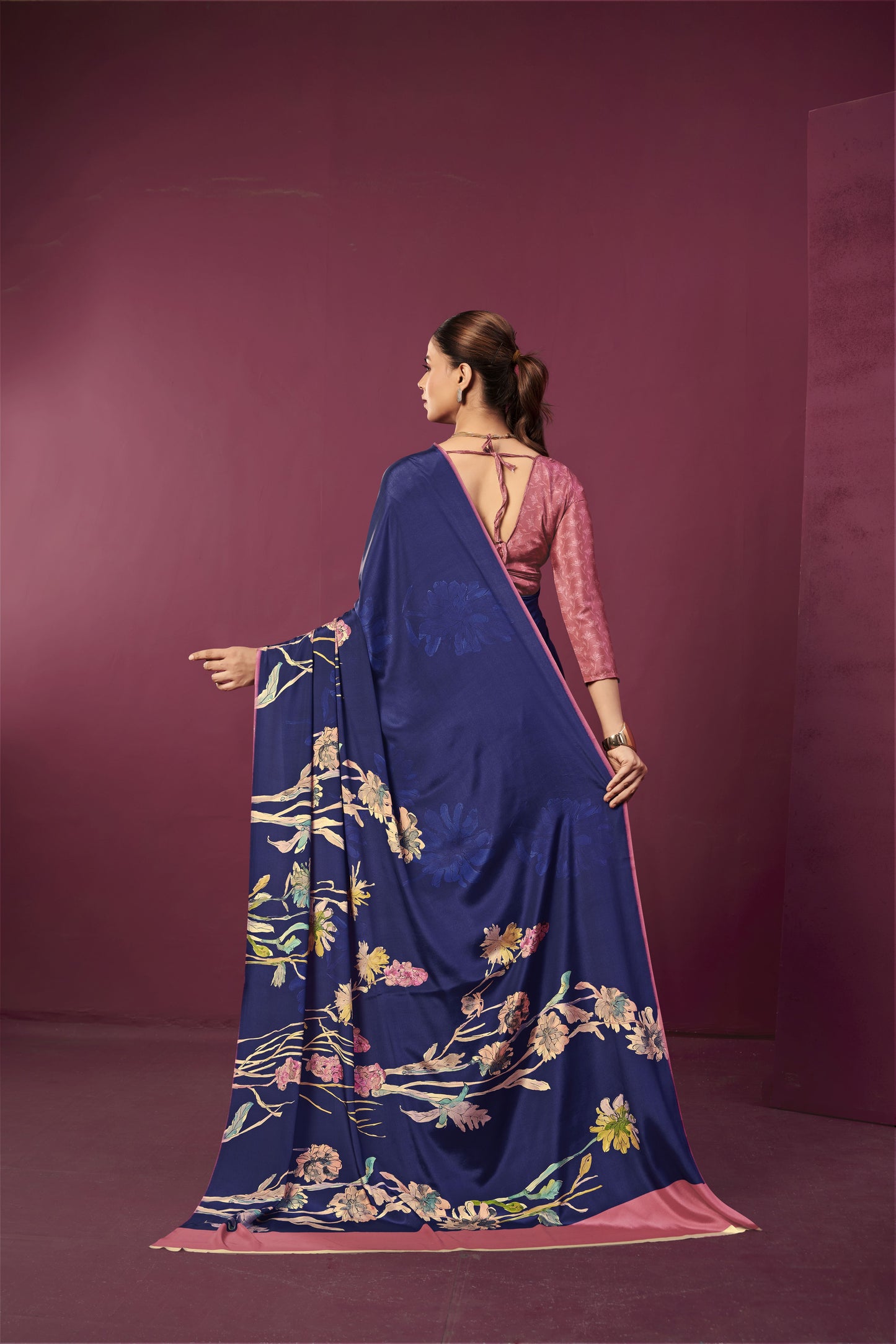 RTWPAULA 905 - Premium Digital Print Rtw Saree, Stitched Blouse With Scarf Crepe Silk Saree (Blue) - View 3