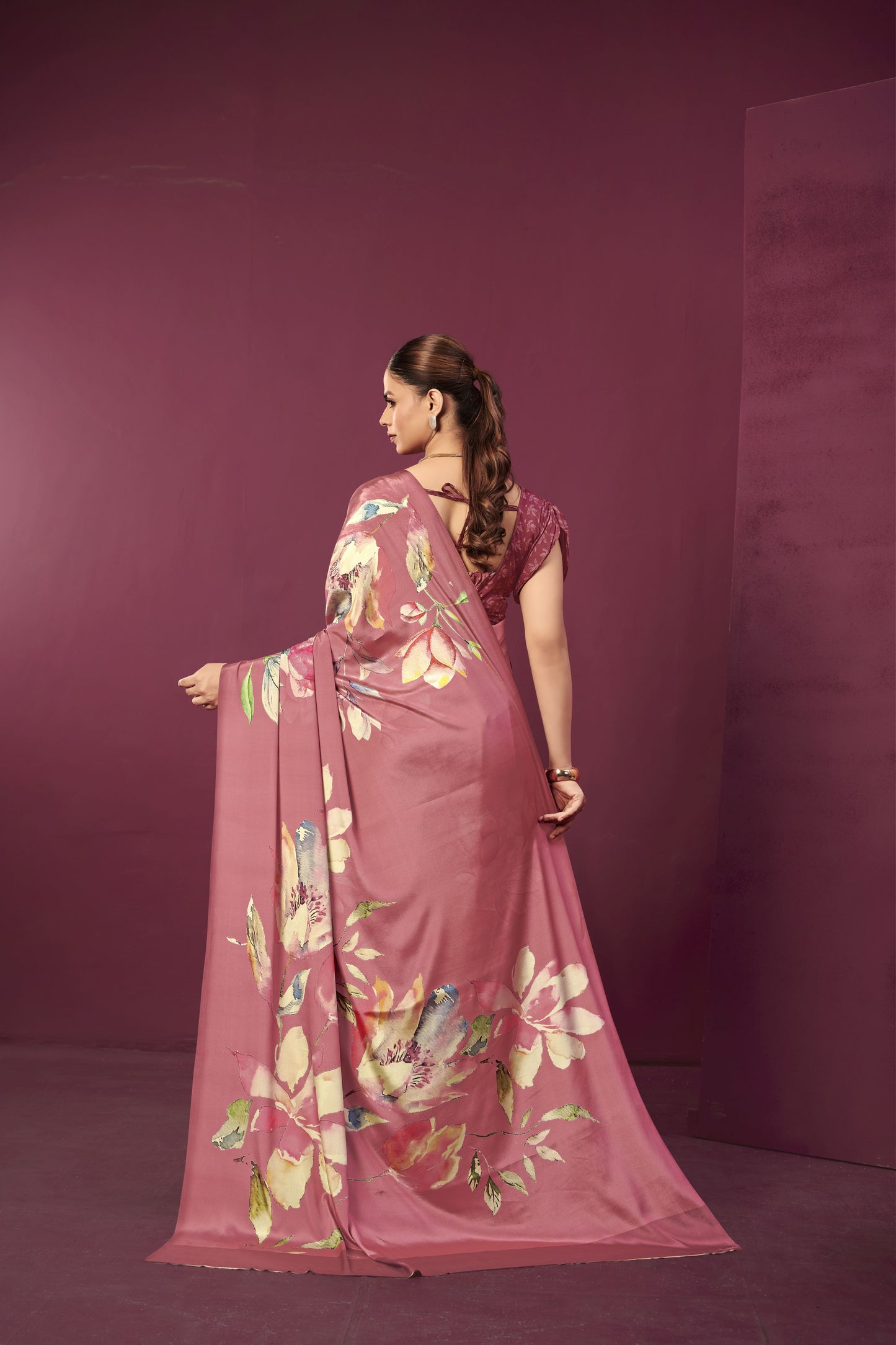 RTWPAULA 901 - Premium Digital Print Rtw Saree, Stitched Blouse With Scarf Crepe Silk Saree (Pink) - View 4
