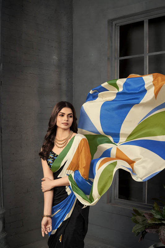 serene 808 - Women's Malai Silk Crepe Digital Print Saree (Multicolor) - View 2