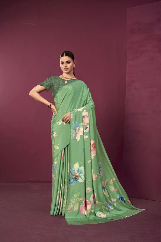 RTWPAULA 907 - Premium Digital Print Rtw Saree, Stitched Blouse With Scarf Crepe Silk Saree (Green) - View 1