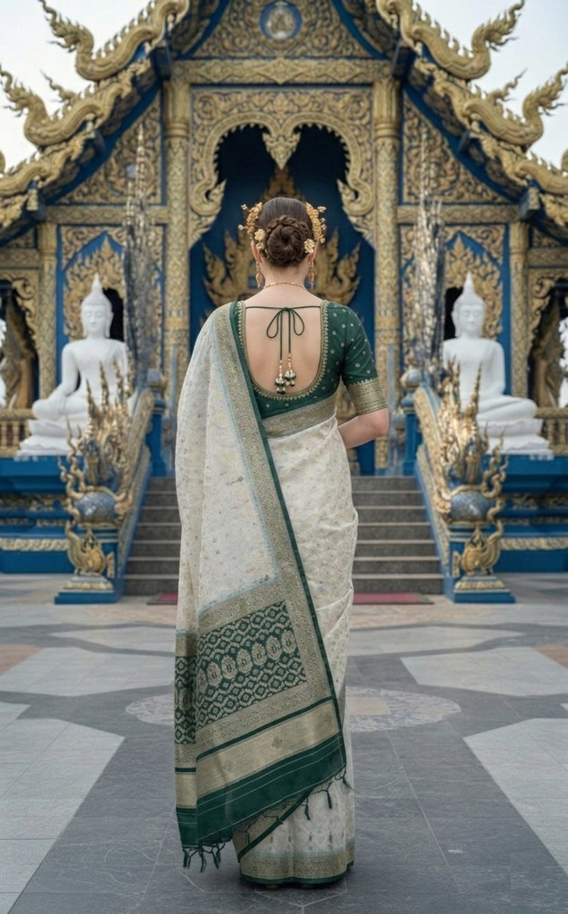 ETHNIC HISO-5 - Ready To Wear Jacquard Silk Saree And Ready To Wear Blouse With Cup (Green) - View 3