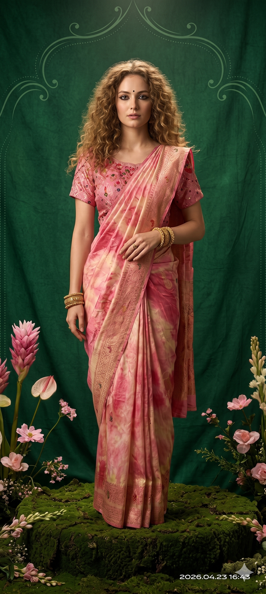 2D HISO 3503 - Ready To Wear Viscose Jacquard Saree Silk Saree And Ready To Wear Blouse With Cup (Pink) - View 2