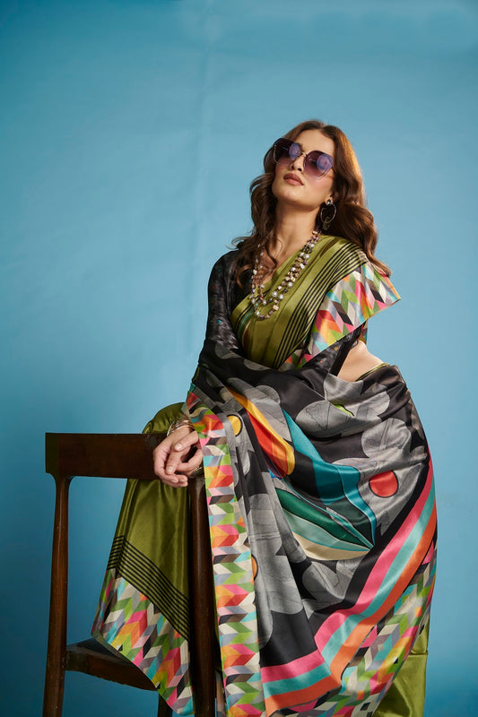 RTWKRYSTAL 1105 - Premium Digital Print Rtw Saree, Stitched Blouse With Scarf Crepe Silk Saree (Green) - View 2