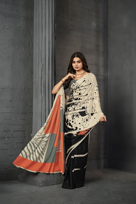 RTWSERENE 809 - Premium Digital Print Rtw Saree, Stitched Blouse With Scarf Crepe Silk Saree (Multicolor) - View 1