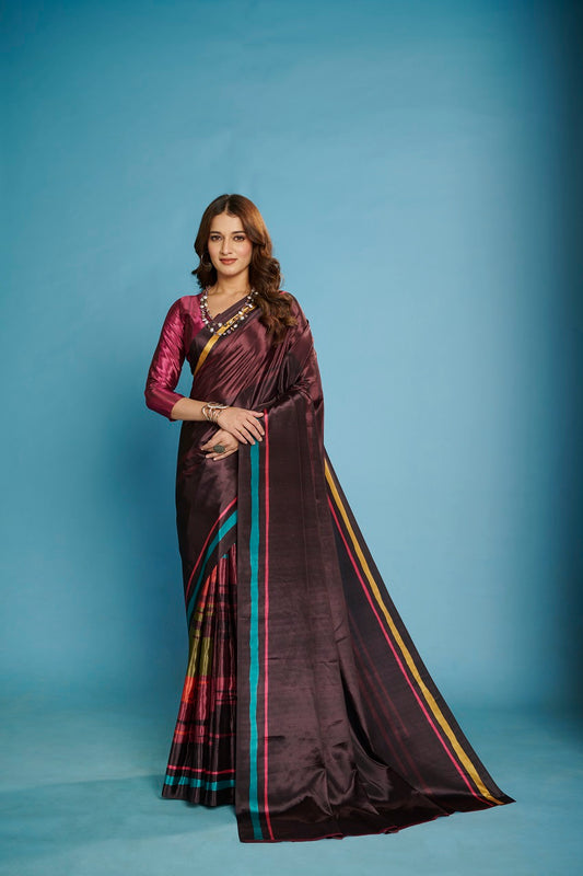 RTWKRYSTAL 1104 - Premium Digital Print Rtw Saree, Stitched Blouse With Scarf Crepe Silk Saree (Wine) - View 1