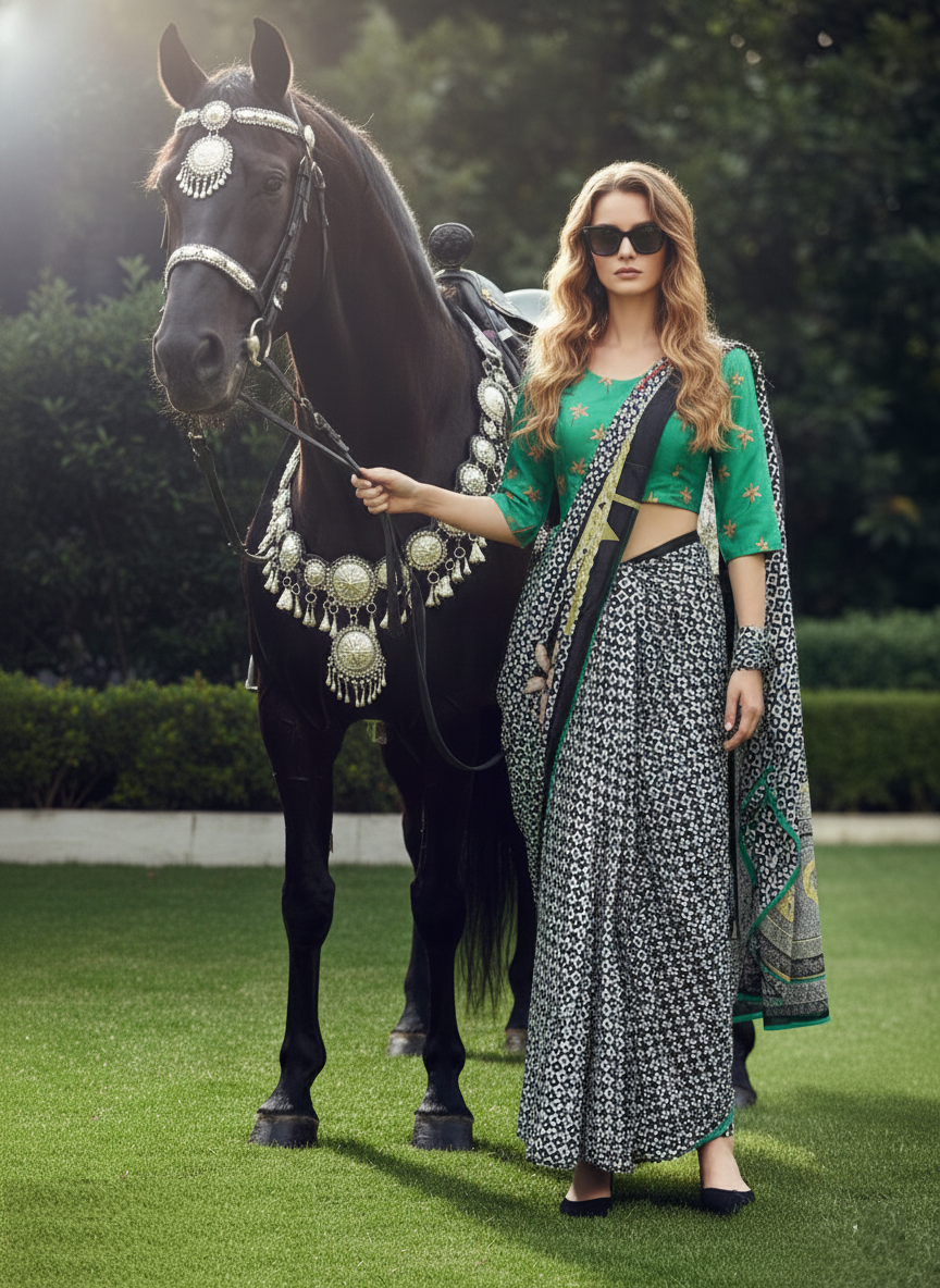 3ISO-06 - Rtw Saree, Stitched Blouse With Scarf (Green) - View 7