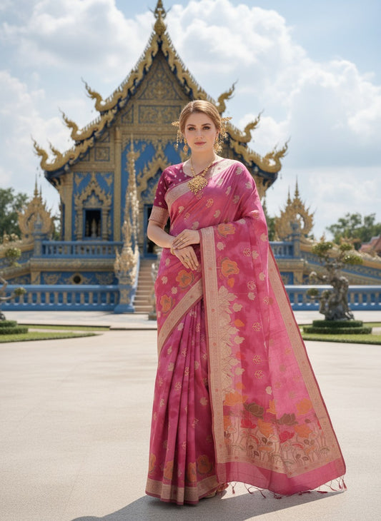 ETHNIC HISO-6 - Ready To Wear Jacquard Silk Saree And Ready To Wear Blouse With Cup (Pink) - View 1
