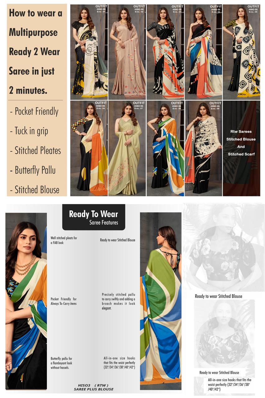 RTWSERENE 809 - Premium Digital Print Rtw Saree, Stitched Blouse With Scarf Crepe Silk Saree (Multicolor) - View 5