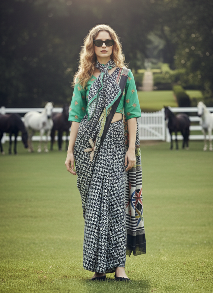 3ISO-06 - Rtw Saree, Stitched Blouse With Scarf (Green) - View 1
