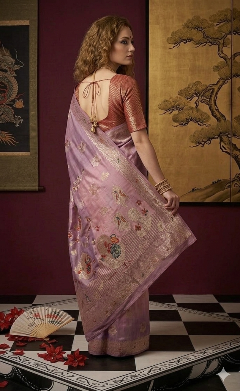 PADMINI 3752 - Viscose Jacquard Silk Saree With RTW Blouse (Wine) - View 3