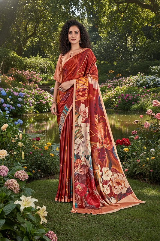 mirror1604 - Women's Malai Silk Crepe Digital Print Saree (Red) - View 1