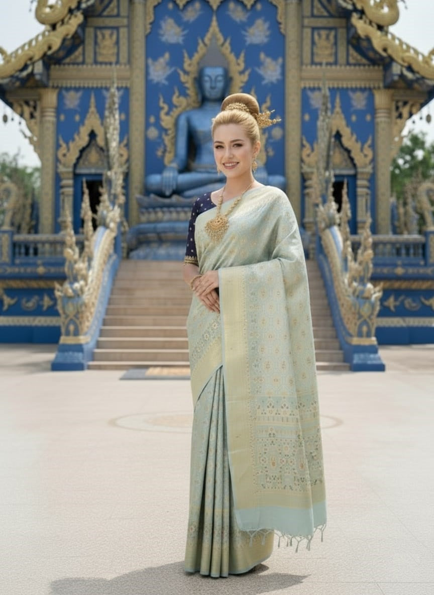 ETHNIC HISO-3 - Ready To Wear Jacquard Silk Saree And Ready To Wear Blouse With Cup (Blue) - View 2