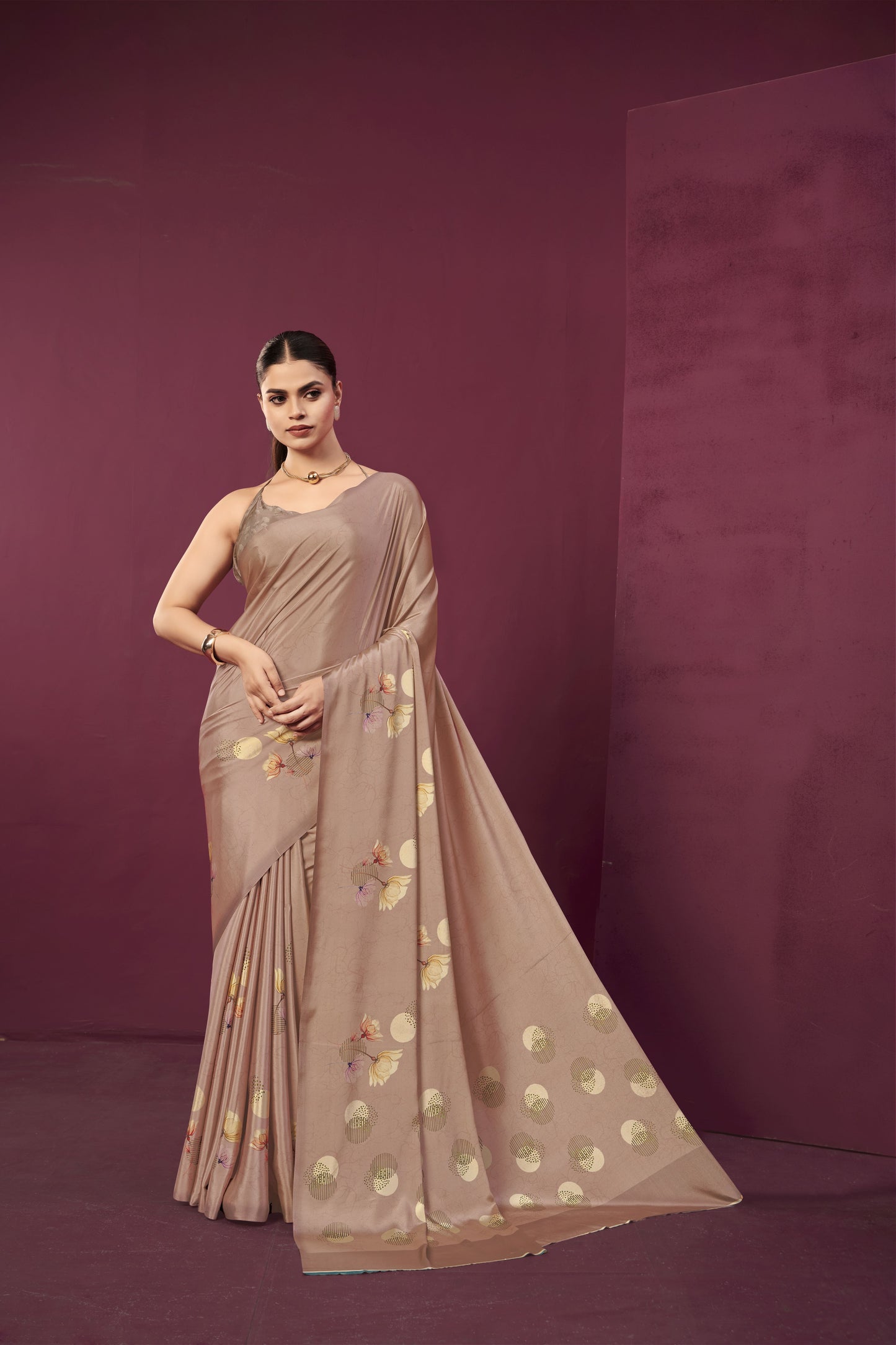 RTWPAULA 908 - Premium Digital Print Rtw Saree, Stitched Blouse With Scarf Crepe Silk Saree (Beige) - View 1