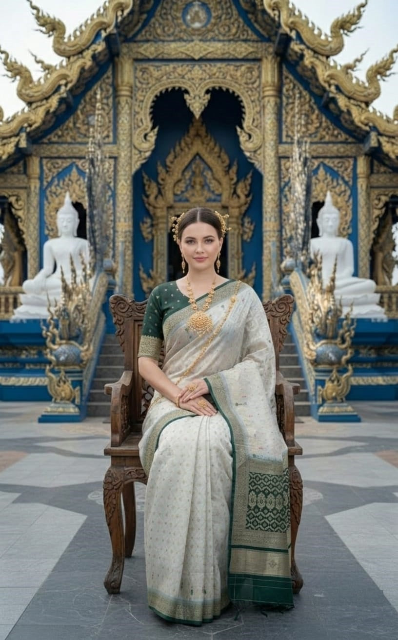 ETHNIC HISO-5 - Ready To Wear Jacquard Silk Saree And Ready To Wear Blouse With Cup (Green) - View 4