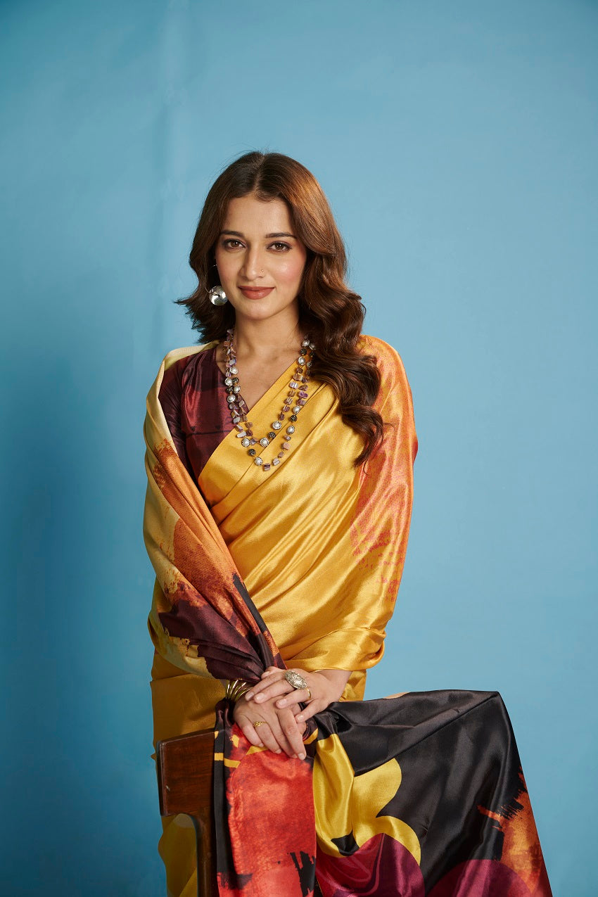 RTWKRYSTAL 1108 - Premium Digital Print Rtw Saree, Stitched Blouse With Scarf Crepe Silk Saree (Yellow) - View 3
