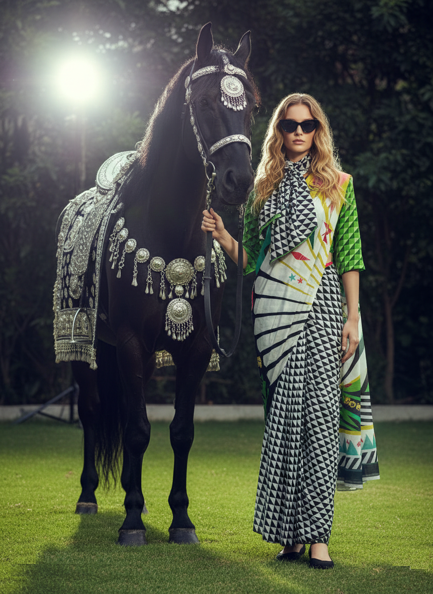 3ISO-04 - Rtw Saree, Stitched Blouse With Scarf (Green) - View 6