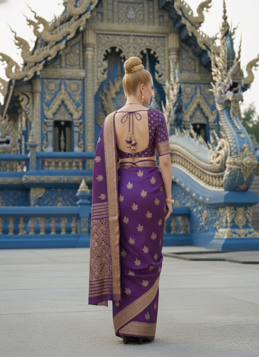 ETHNIC HISO-4 - Ready To Wear Jacquard Silk Saree And Ready To Wear Blouse With Cup (Purple) - View 3