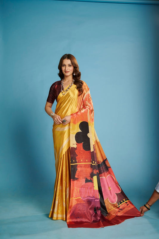RTWKRYSTAL 1108 - Premium Digital Print Rtw Saree, Stitched Blouse With Scarf Crepe Silk Saree (Yellow) - View 1