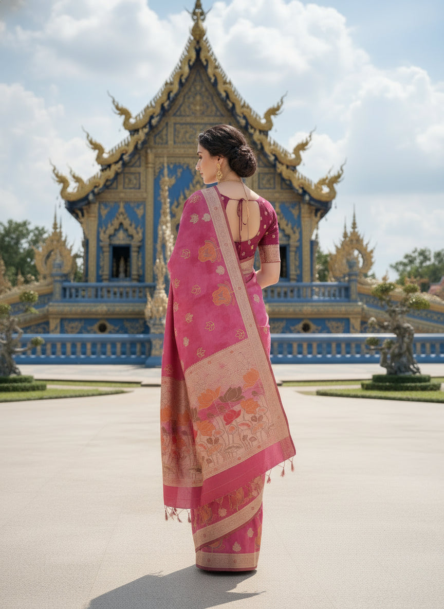 ETHNIC HISO-6 - Ready To Wear Jacquard Silk Saree And Ready To Wear Blouse With Cup (Pink) - View 3