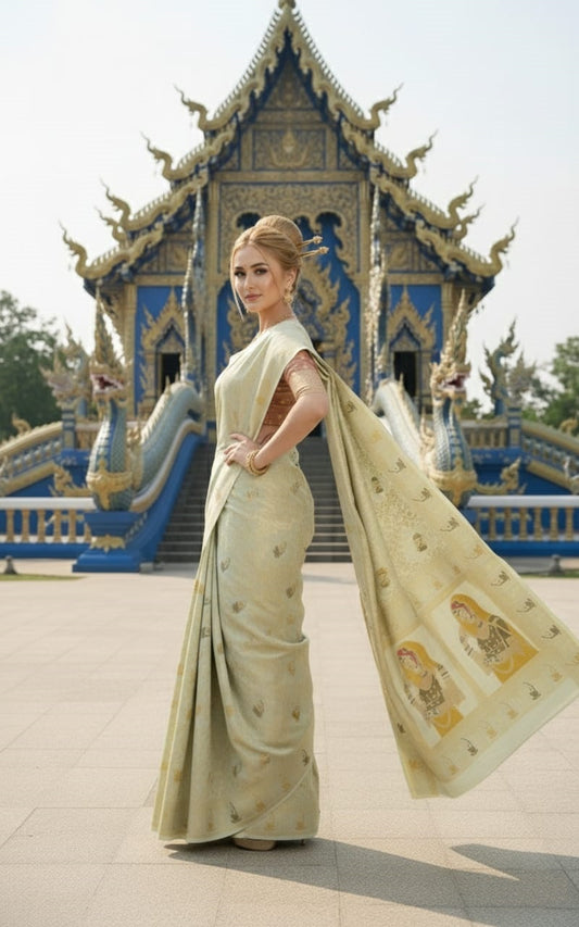 ETHNIC HISO-7 - Ready To Wear Jacquard Silk Saree And Ready To Wear Blouse With Cup (Green) - View 2