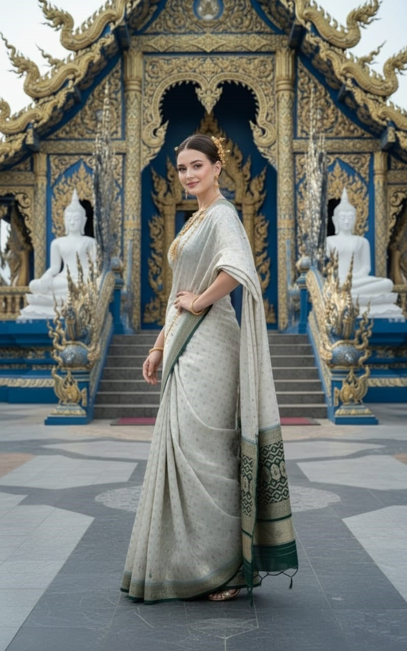 ETHNIC HISO-5 - Ready To Wear Jacquard Silk Saree And Ready To Wear Blouse With Cup (Green) - View 2