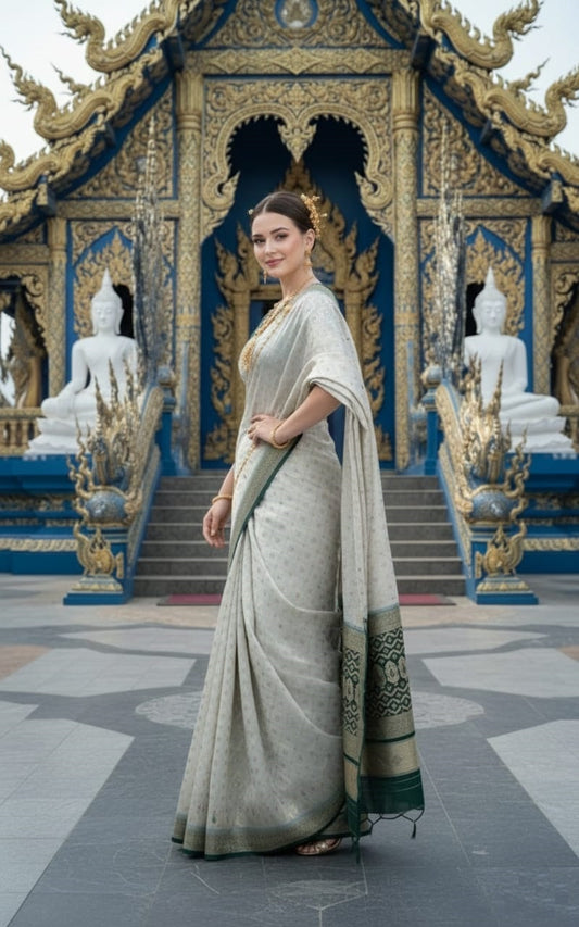 ETHNIC HISO-5 - Ready To Wear Jacquard Silk Saree And Ready To Wear Blouse With Cup (Green) - View 2