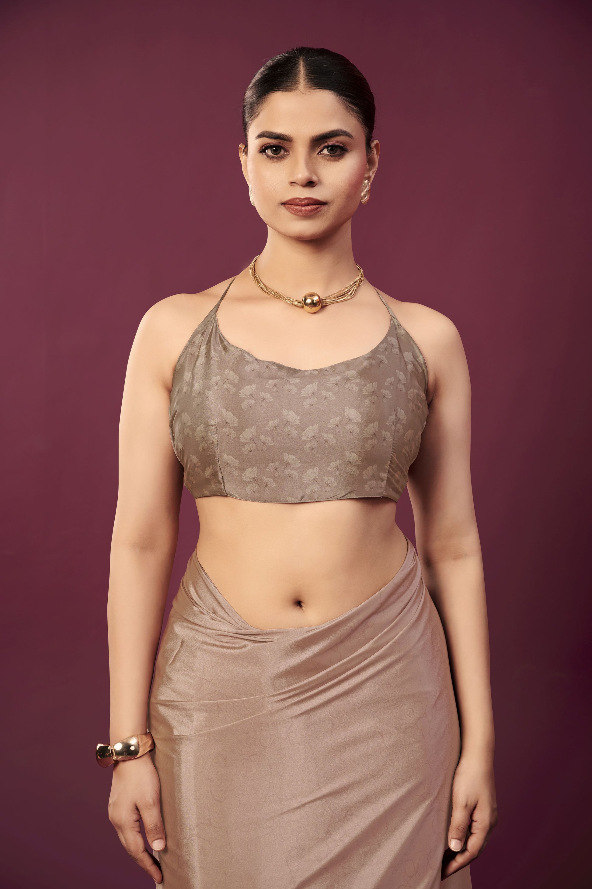 RTWPAULA 908 - Premium Digital Print Rtw Saree, Stitched Blouse With Scarf Crepe Silk Saree (Beige) - View 3