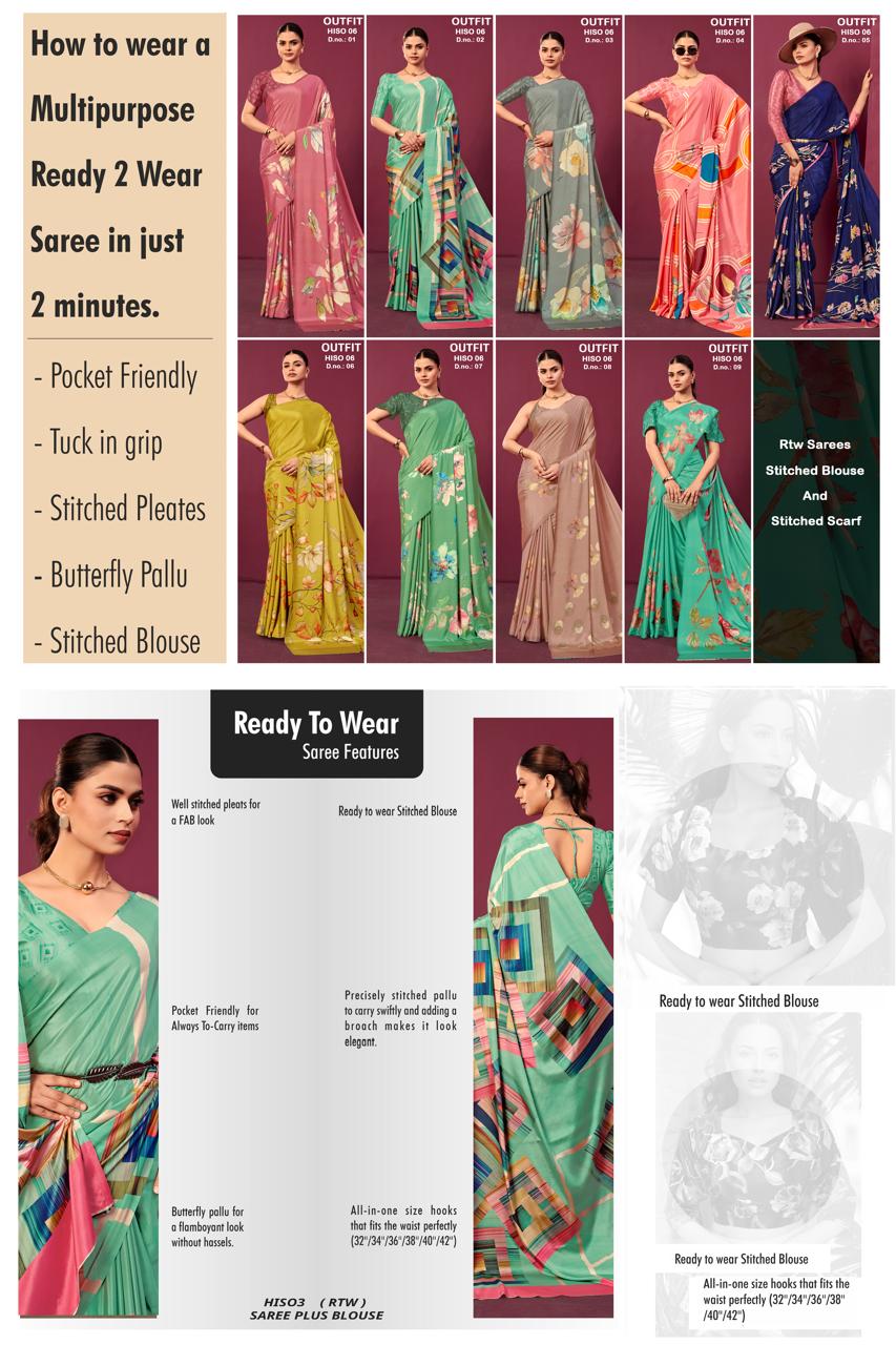 RTWPAULA 901 - Premium Digital Print Rtw Saree, Stitched Blouse With Scarf Crepe Silk Saree (Pink) - View 5