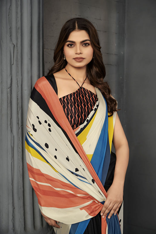 RTWSERENE 804 - Premium Digital Print Rtw Saree, Stitched Blouse With Scarf Crepe Silk Saree (Multicolor) - View 2