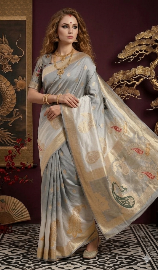 PADMINI 3751 - Viscose Jacquard Silk Saree With RTW Blouse (Grey) - View 2