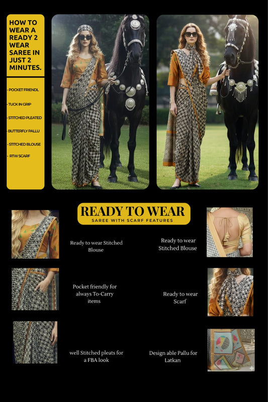 3ISO-08 - Rtw Saree, Stitched Blouse With Scarf (Beige) - View 2