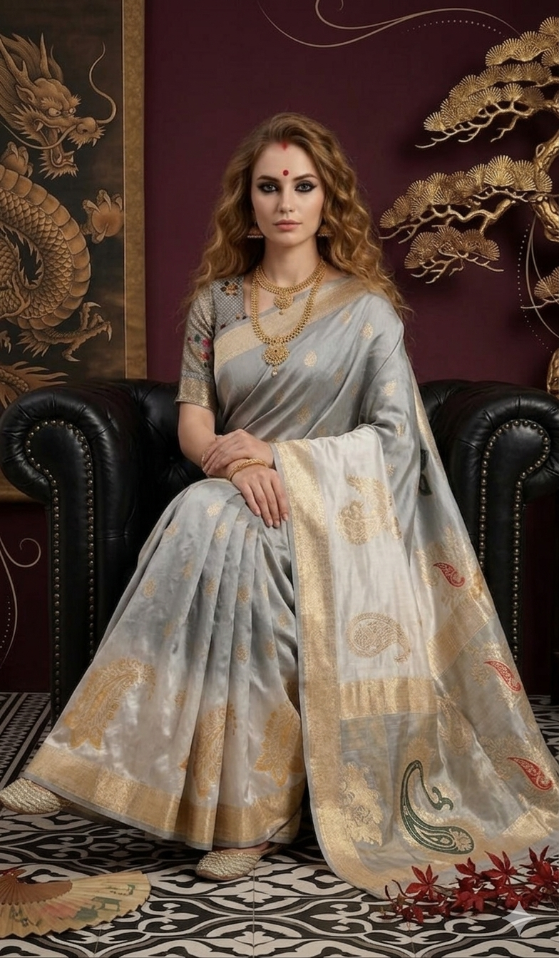 PADMINI 3751 - Viscose Jacquard Silk Saree With RTW Blouse (Grey) - View 4