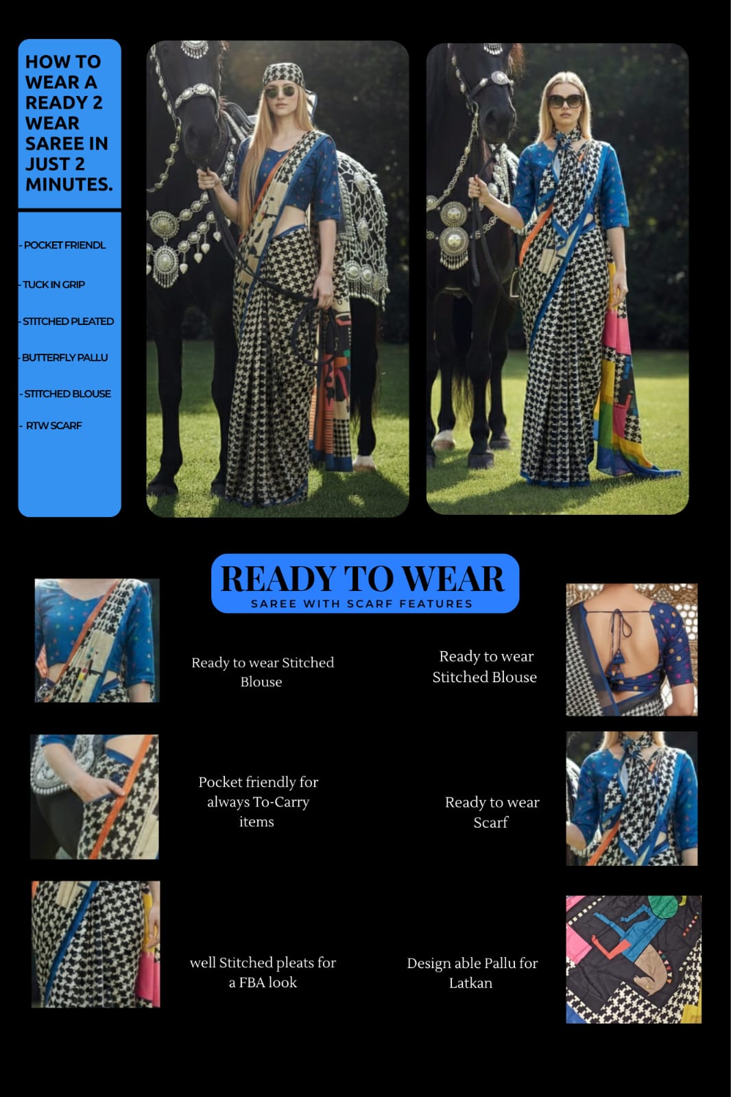 3ISO-07 - Rtw Saree, Stitched Blouse With Scarf (Blue) - View 2