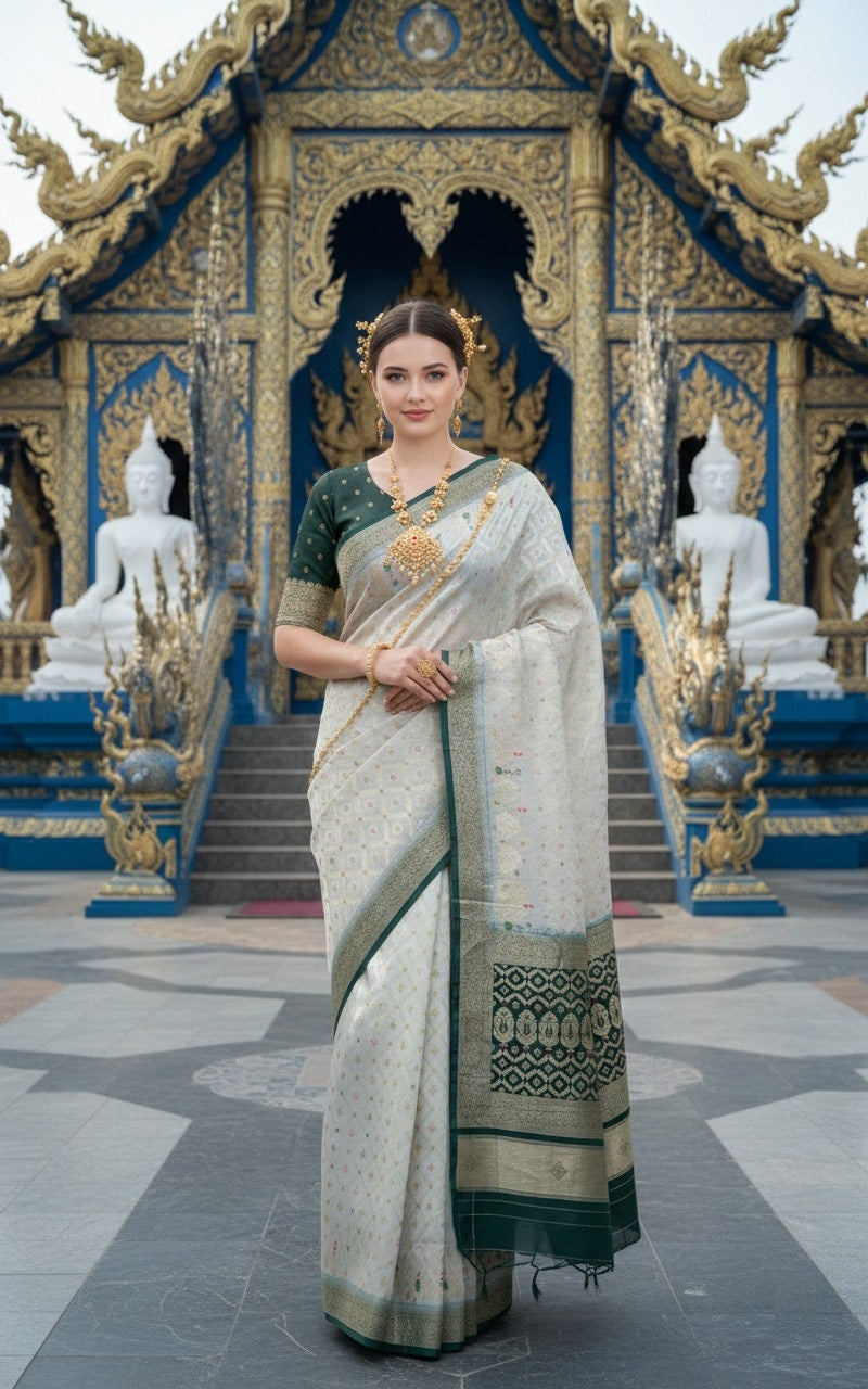 ETHNIC HISO-5 - Ready To Wear Jacquard Silk Saree And Ready To Wear Blouse With Cup (Green) - View 1