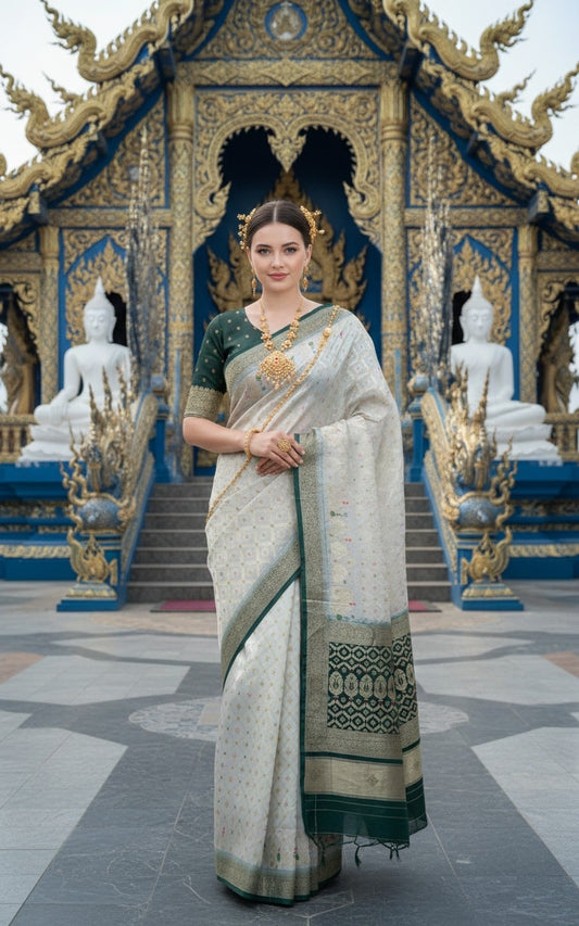 ETHNIC HISO-5 - Ready To Wear Jacquard Silk Saree And Ready To Wear Blouse With Cup (Green) - View 1