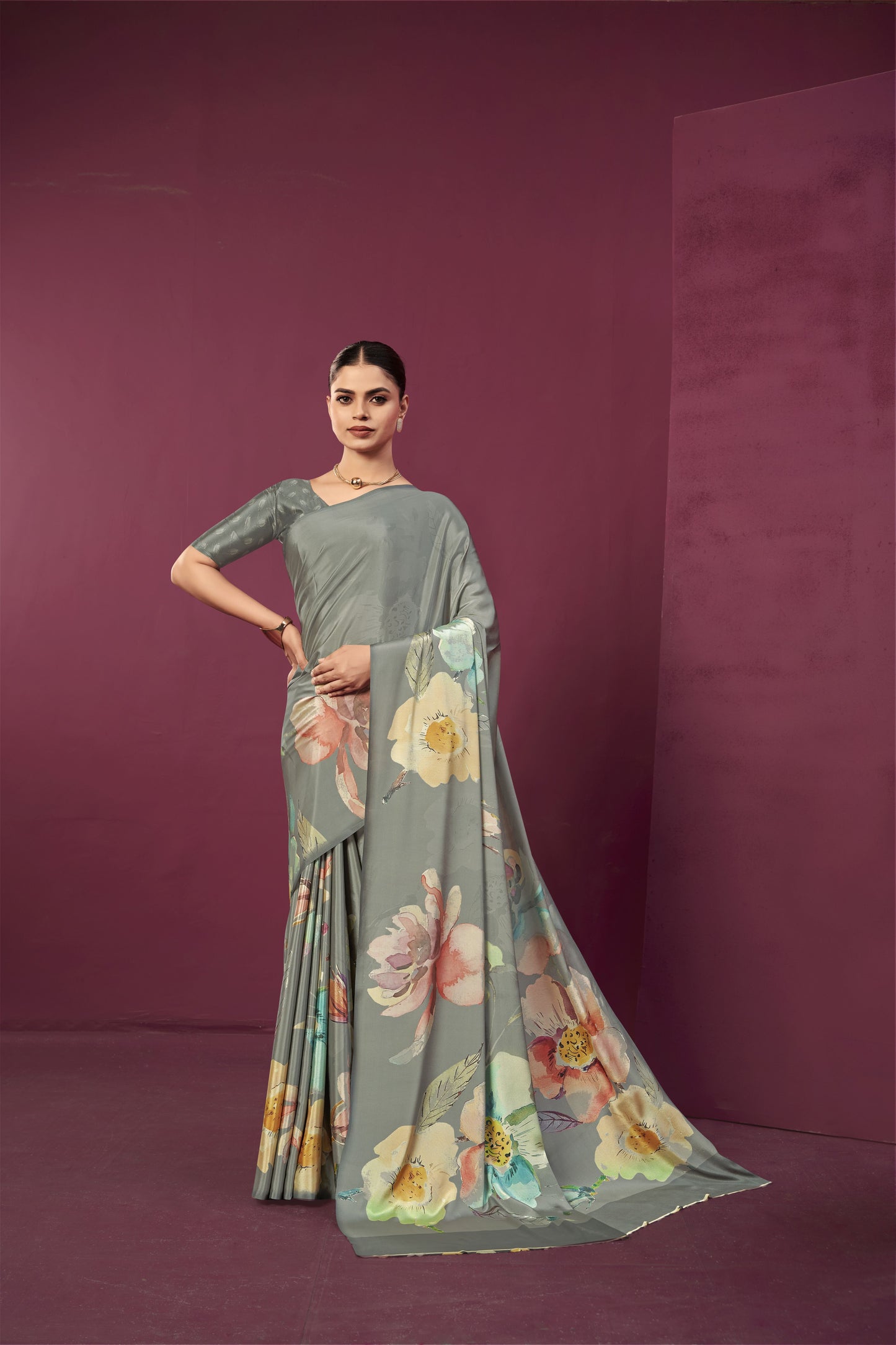 RTWPAULA 903 - Premium Digital Print Rtw Saree, Stitched Blouse With Scarf Crepe Silk Saree (Grey) - View 1
