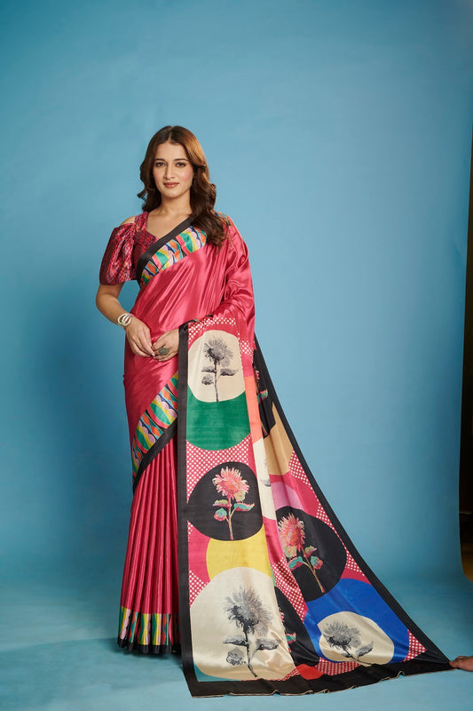 RTWKRYSTAL 1107 - Premium Digital Print Rtw Saree, Stitched Blouse With Scarf Crepe Silk Saree (Pink) - View 1