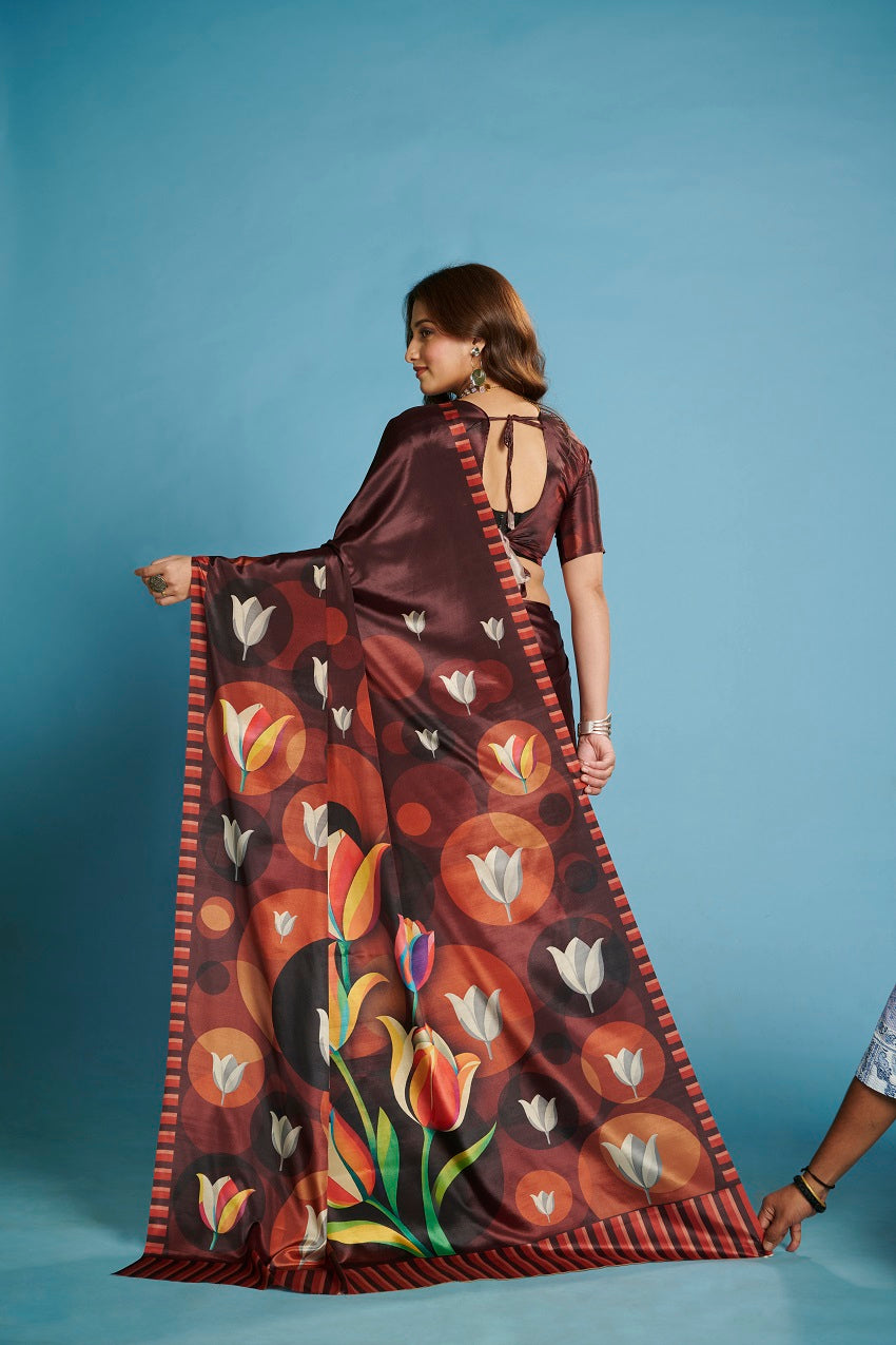 RTWKRYSTAL 1101 - Premium Digital Print Rtw Saree, Stitched Blouse With Scarf Crepe Silk Saree (Brown) - View 3