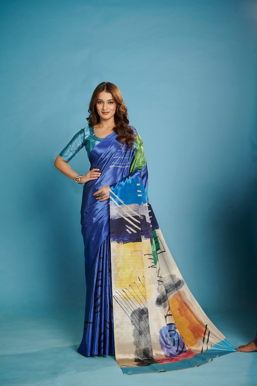RTWKRYSTAL 1109 - Premium Digital Print Rtw Saree, Stitched Blouse With Scarf Crepe Silk Saree (Blue) - View 1