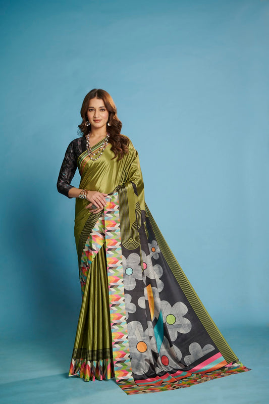 RTWKRYSTAL 1105 - Premium Digital Print Rtw Saree, Stitched Blouse With Scarf Crepe Silk Saree (Green) - View 1