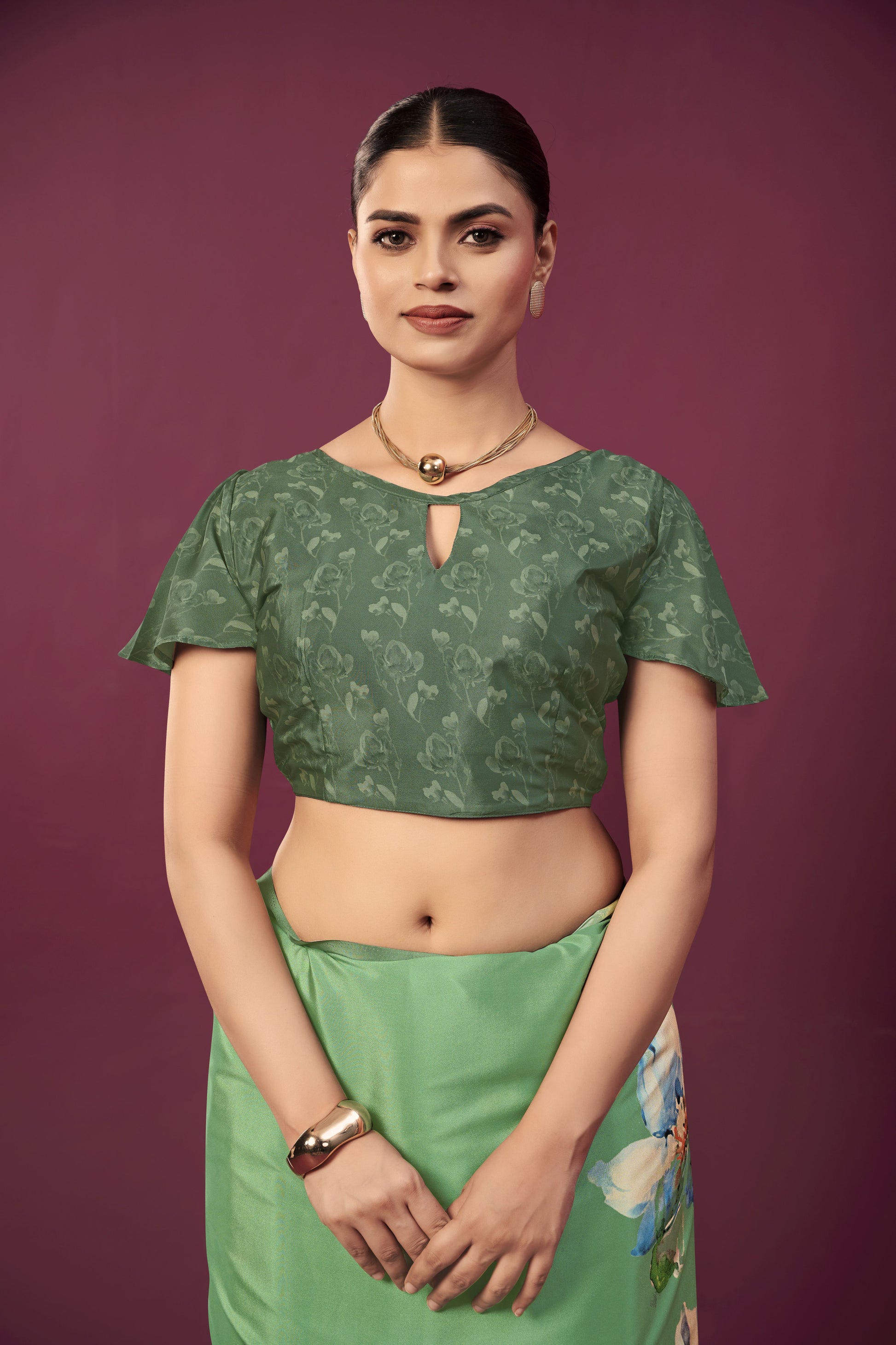 RTWPAULA 907 - Premium Digital Print Rtw Saree, Stitched Blouse With Scarf Crepe Silk Saree (Green) - View 3