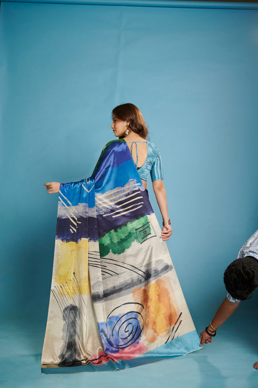 RTWKRYSTAL 1109 - Premium Digital Print Rtw Saree, Stitched Blouse With Scarf Crepe Silk Saree (Blue) - View 2