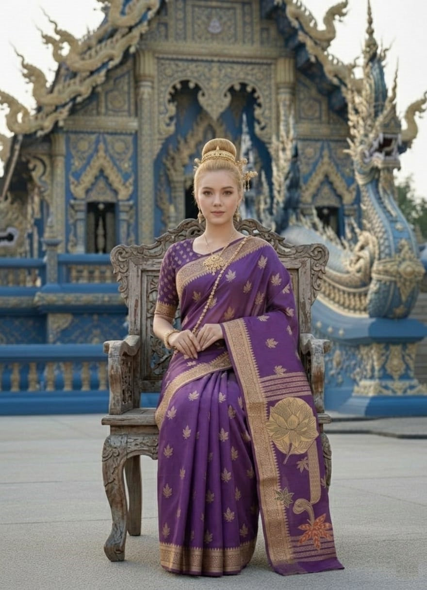 ETHNIC HISO-4 - Ready To Wear Jacquard Silk Saree And Ready To Wear Blouse With Cup (Purple) - View 4